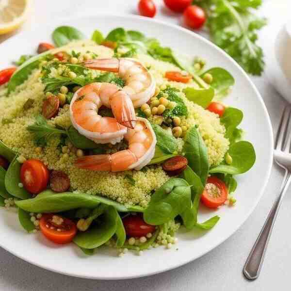 Салат с креветками овощами и кускусом Вещмешок
